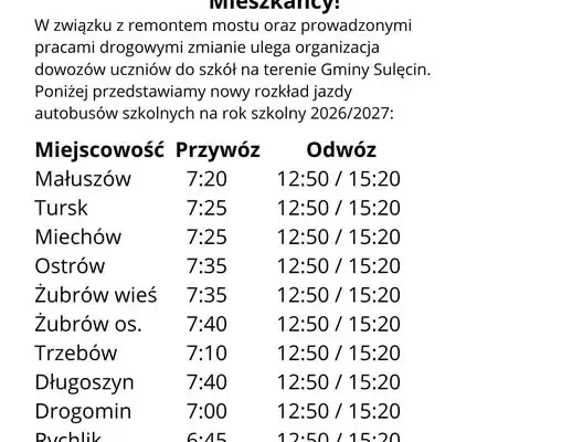 Nowy rozkład dowozów szkolnych w Gminie Sulęcin na rok 2026/2027