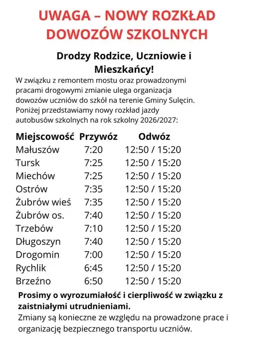 Nowy rozkład dowozów szkolnych w Gminie Sulęcin na rok 2026/2027