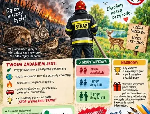 Konkurs plastyczny dla dzieci z Gminy Krzeszyce: „Strażak, przyroda i ja – stop wypalaniu traw!”