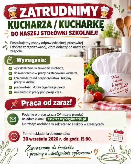 Szkoła w Krzeszycach szuka kucharza lub kucharki – dokumenty do 30 września