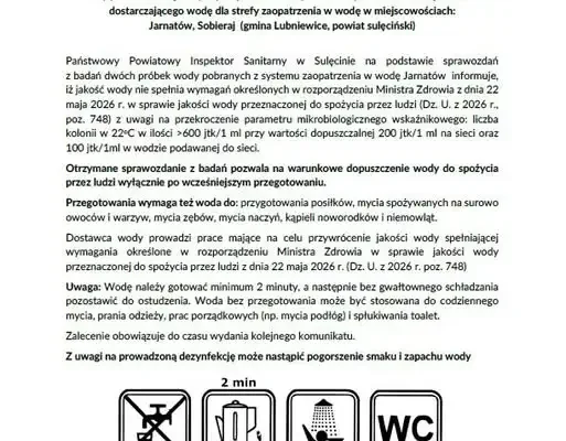 Woda w Jarnatowie i Sobieraju wymaga przegotowania – komunikat Sanepidu