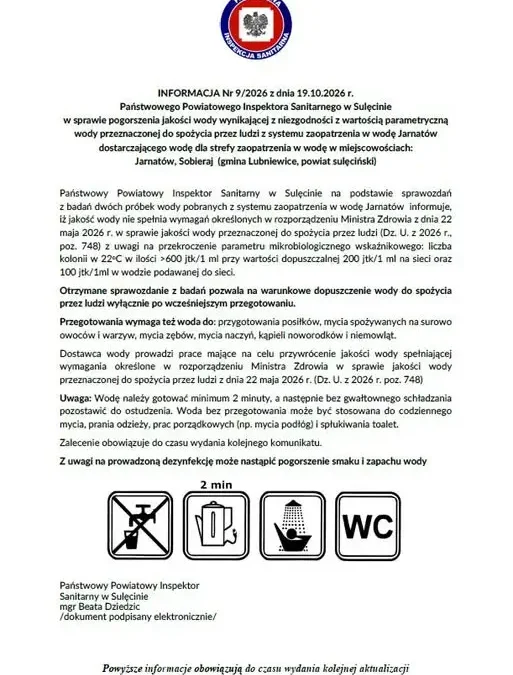 Woda w Jarnatowie i Sobieraju wymaga przegotowania – komunikat Sanepidu